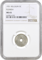 Бельгия 5 сантимов 1931 г. Flemish, NGC MS65, "Король Альберт I (1910 - 1934)" /со звездой/ Top Pop