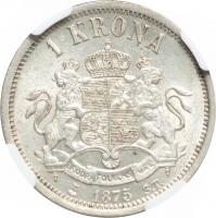 Швеция 1 крона 1875 г. ST, NGC AU58, "Король Оскар II (1873 - 1907)"