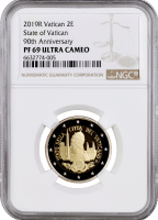 Ватикан 2 евро 2019 г., NGC PF69 UC, "90 лет со дня основания города‑государства Ватикан"