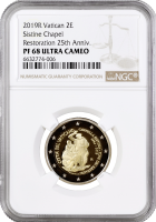 Ватикан 2 евро 2019 г., NGC PF69 UC, "25 лет завершению реставрации Сикстинской капеллы"
