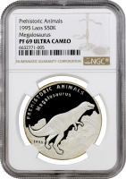 Лаос 50 кипов 1995 г., NGC PF69 UC, "Доисторические животные - Мегалозавр" Top Pop