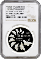 Мексика 100 песо 1987 г., NGC PF69 UC, "Всемирный фонд дикой природы - Данаида монарх"