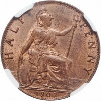 Великобритания 1/2 пенни 1907 г., NGC MS63 RB, "Король Эдуард VII (1902 - 1910)"
