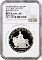 Швейцария 50 франков 2002 г., NGC PF70 UC, "Стрелковый фестиваль в Цюрихе"