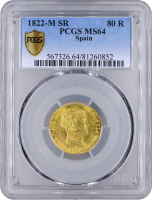 Испания 80 реалов 1822 г. M SR, PCGS MS64, "Король Фердинанд VII (1813 - 1833)" Top Pop