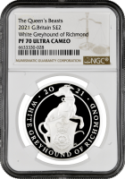 Великобритания 2 фунта 2021 г., NGC PF70 UC, "Звери Королевы - Белая Борзая Ричмонда" Top Pop