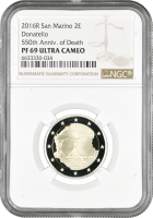 Сан-Марино 2 евро 2016 г., NGC PF69 UC, "550 лет со дня смерти Донателло" Top Pop