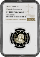 Греция 2 евро 2019 г., NGC PF69 UC, "100 лет со дня рождения Манолиса Андроникоса" Top Pop