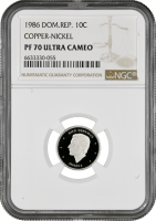 Доминикана 10 сентаво 1986 г., NGC PF70 UC, "Доминиканская Республика (1937 - 2020)" Top Pop