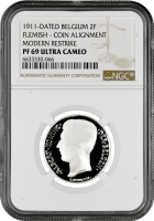 Бельгия 2 франка 1911 г. FL, NGC PF69 UC RESTRIKE, "Король Альберт I (1910 - 1934)" Top Pop