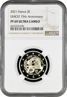 Франция 2 евро 2021 г., NGC PF69 UC, "75 лет ЮНИСЕФ"
