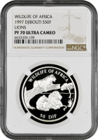 Джибути 50 франков 1997 г., NGC PF70 UC, "Дикая природа Африки - Львы" Top Pop