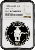 Доминикана 10 песо 1975 г., NGC PF67 UC, "Первая добыча серебра на шахте Пуэбло Вьеха"