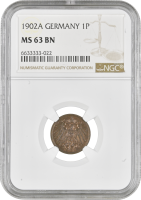 Германия 1 пфенниг 1902 г. A, NGC MS63 BN, "Германская Империя (1871 - 1922)" Top Pop