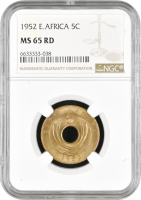 Британская Восточная Африка 5 центов 1952 г., NGC MS65 RD, "Король Георг VI (1937 - 1952)"