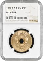Британская Восточная Африка 10 центов 1952 г., NGC MS66 RD, "Король Георг VI (1937 - 1952)"