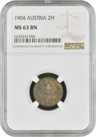 Австрия 2 геллера 1904 г., NGC MS63 BN, "Император Франц Иосиф (1848 - 1916)"  Top Pop