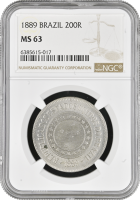 Бразилия 200 рейсов 1899 г., NGC MS63, "Первая Республика (1889 - 1942)"