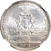Швейцария 5 франков 1874 г., NGC MS64, "Стрелковый фестиваль в Санкт-Галлене"