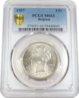 Бельгия 5 франков 1937 г. French, PCGS MS63, "Король Леопольд III (1934 - 1947)" Top Pop