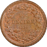 Монако 10 сантимов 1838 г. M, PCGS MS63 BN, "Князь Оноре V (1819 - 1841)"