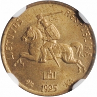 Литва 1 цент 1925 г., NGC MS64, "Первая Республика (1925 - 1938)"