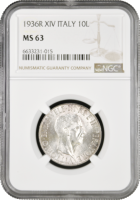 Италия 10 лир 1936 г. R, NGC MS63, "Король Виктор Эммануил III (1900 - 1946)"