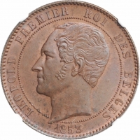 Бельгия 10 сантимов 1853 г., NGC MS64 BN, "Свадьба Леопольда и Марии Генриетте"
