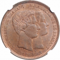 Бельгия 10 сантимов 1853 г., NGC MS64 BN, "Свадьба Леопольда и Марии Генриетте"