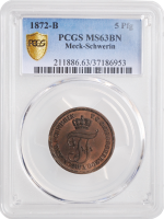 Мекленбург-Шверин 5 пфеннигов 1872 г. B, PCGS MS63 BN, "Великий герцог Фридрих Франц II (1842 - 1883)"