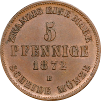 Мекленбург-Шверин 5 пфеннигов 1872 г. B, PCGS MS63 BN, "Великий герцог Фридрих Франц II (1842 - 1883)"