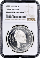 Перу 20 новых солей г., NGC PF68 UC, "100 лет с дня рождения Сесара Вальехо" Top Pop
