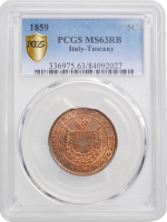 Тоскана 5 чентезимо 1859, PCGS MS63 RB, "Временное правительство (1859 - 1861)"