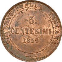 Тоскана 5 чентезимо 1859, PCGS MS63 RB, "Временное правительство (1859 - 1861)"