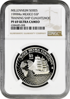 Мексика 5 песо 1999 г., NGC PF69 UC, "100 лет военно-морской академии"