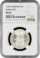 Веймарская Республика 3 рейхсмарки 1925 г. A, NGC MS66, "Тысячелетие Рейнской области (Рейнланда)" Top Pop