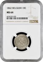 Бельгия 10 сантимов 1862 г., NGC MS64, "Король Леопольд I (1832 - 1865)"