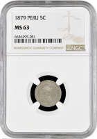 Перу 5 сентаво 1879 г., NGC MS63, "Республика Перу (1863 - 1917)"