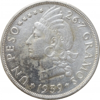 Доминикана 1 песо 1939 г., XF Det., "Доминиканская Республика (1937 - 2020)"