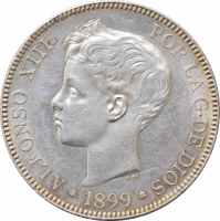 Испания 5 песет 1899 г. SGV, UNC, "Король Альфонсо XIII (1886 - 1931)"