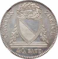 Швейцарские кантоны 40 батценов 1813 г. B, CCG MS64 PL, "Кантон Цюрих (1804 - 1850)"