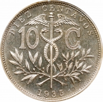 Боливия 10 сентаво 1935 г., NGC PF66, "Республика Боливия (1870 - 1963)"
