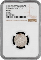 Испания, Кастилия и Леон 1 Динеро 1286-1288 г., NGC MS63, "Король Санчо IV (1284 - 1295)"