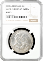 Мекленбург-Шверин 3 марки 1915 г., NGC MS63, "100 лет Великому Герцогству Мекленбург-Шверин"