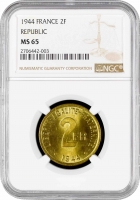 Франция 2 франка 1944 г., NGC MS65, "Четвертая Республика (1944 - 1959)" Top Pop 2/0