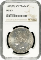 Іспанія 5 песет 1898 SGV, NGC MS63, "Король Альфонсо XIII (1886 - 1931)"