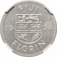 Фиджи 1 флорин (2 шиллинга)  1934 г., NGC MS65, "Король Георг V (1911 - 1936)" Top Pop