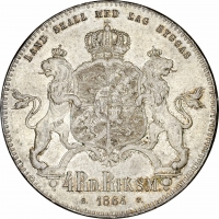 Швеція 4 риксдалер риксмюнт 1864 р. ST, NGC MS64, "Король Карл XV (1859 - 1872)"