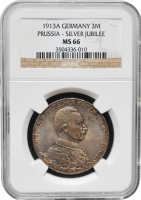 Пруссія 3 марки 1913 р. A, NGC MS66, "25 років правлінню Вільгельма II" ПАТИНА