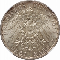 Пруссія 3 марки 1913 р. A, NGC MS66, "25 років правлінню Вільгельма II" ПАТИНА